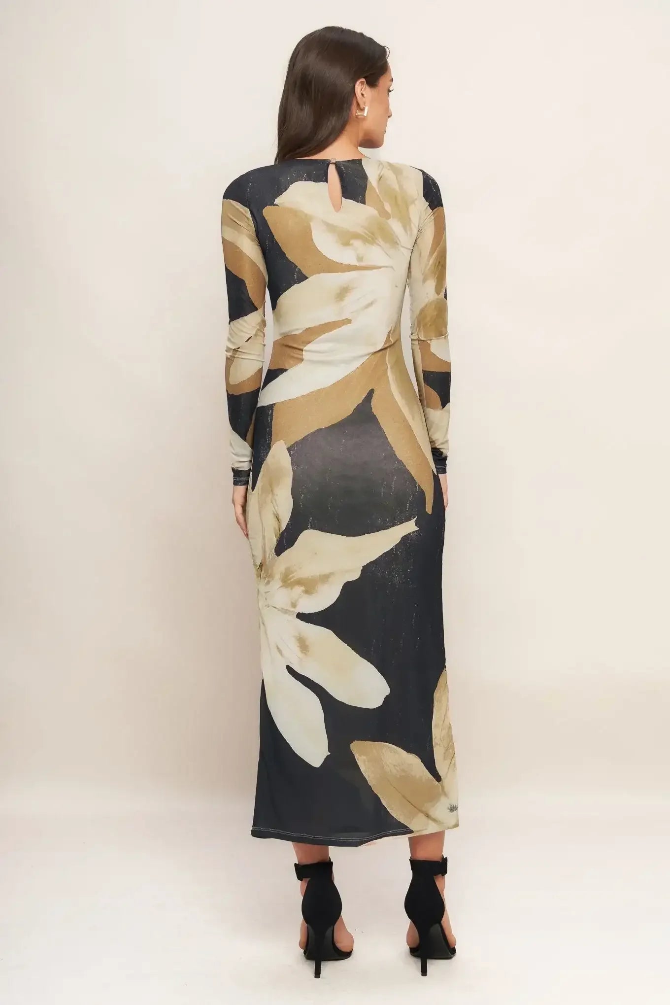 ABSTRACT BOTANICA LONG SLEEVE POWER MESH MIDI DRESS