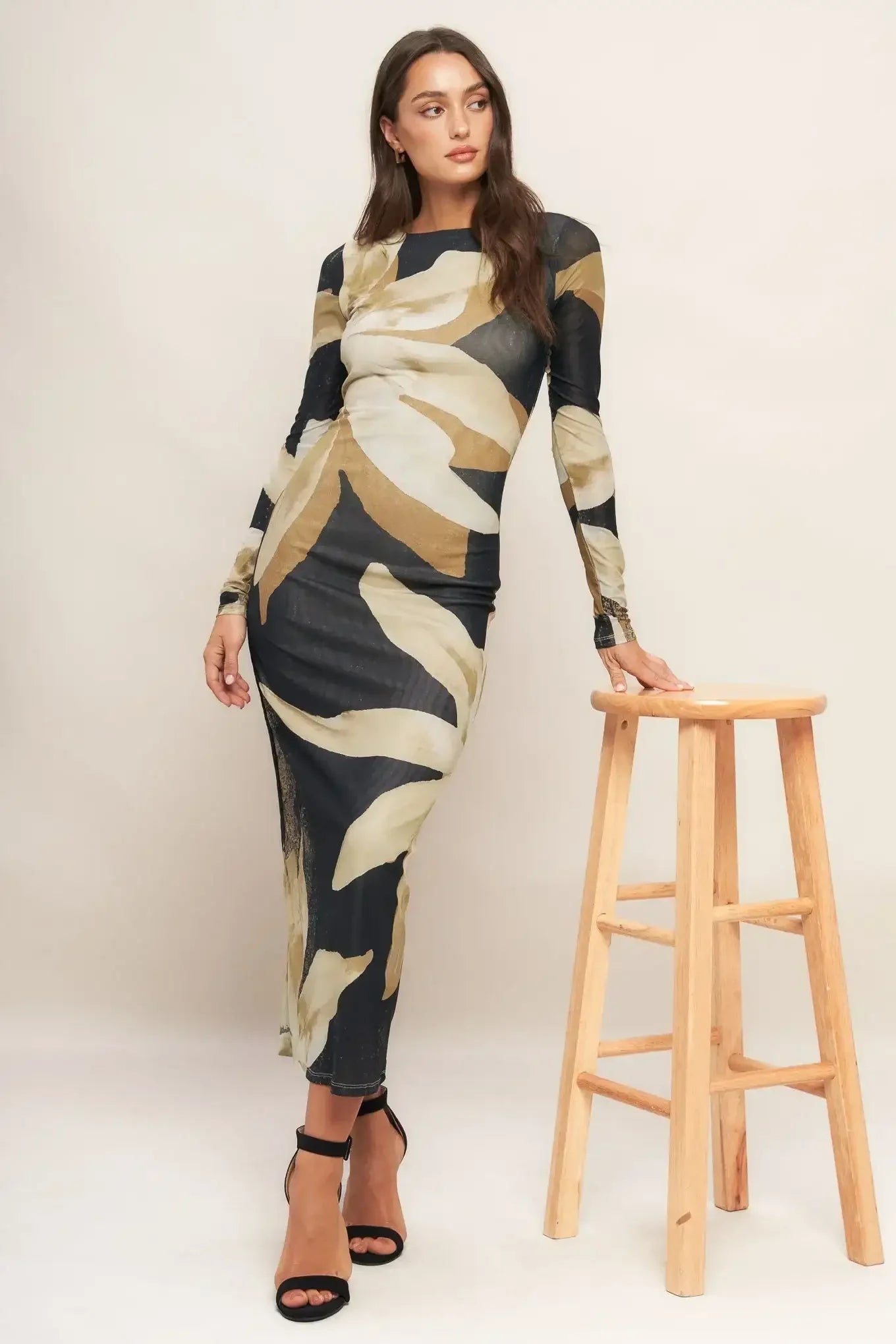 ABSTRACT BOTANICA LONG SLEEVE POWER MESH MIDI DRESS