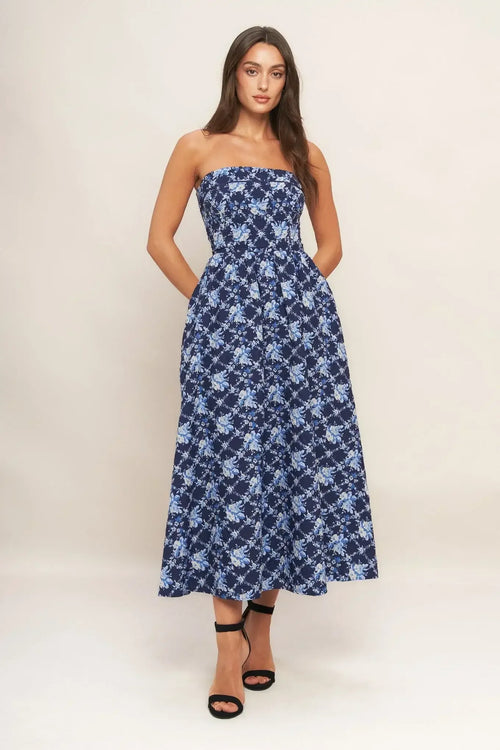 BLUE RENAISSANCE STRAPLESS MIDI DRESS