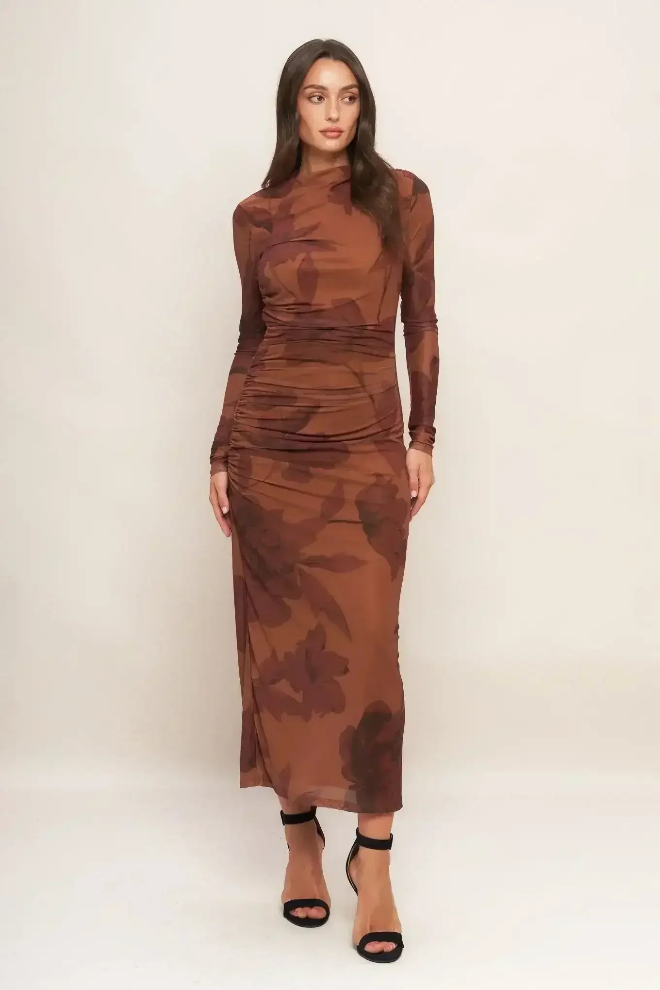 AMBER FLORA POWER MESH MIDI DRESS