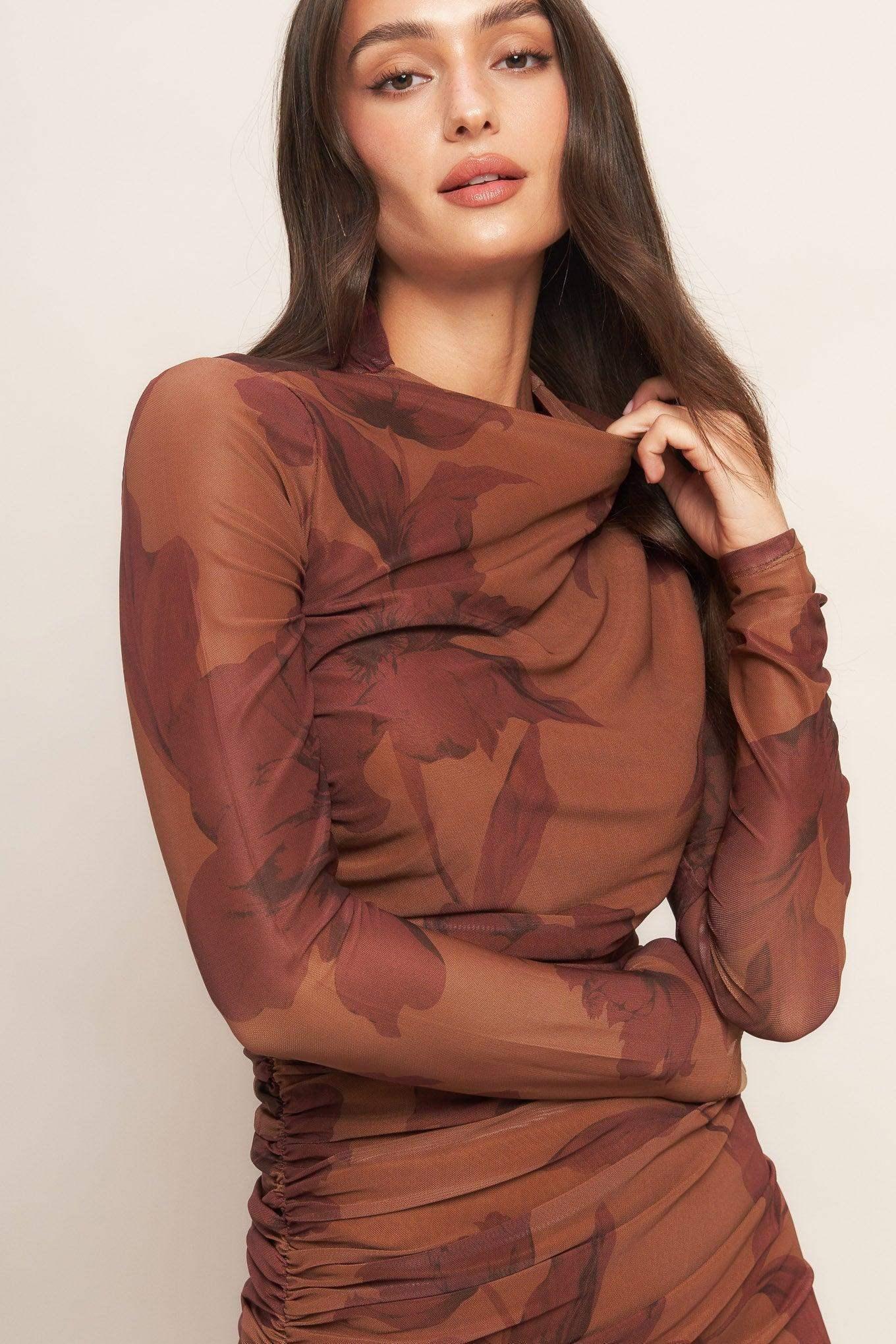 AMBER FLORA POWER MESH MIDI DRESS