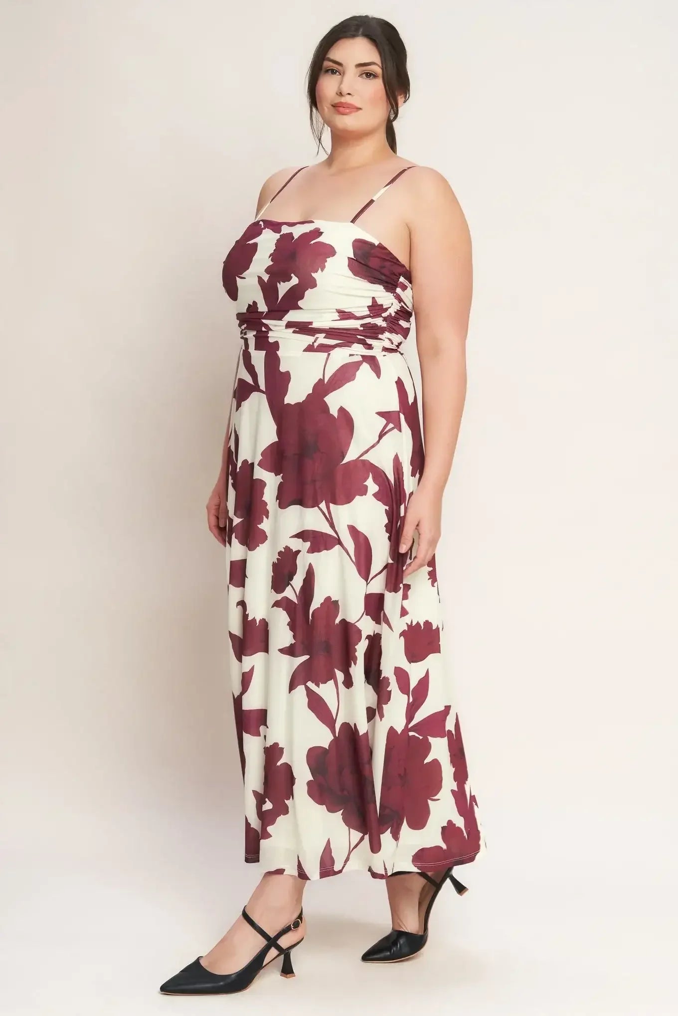 WINE BLOOM POWER MESH MIDI DRESS - BURGUNDY