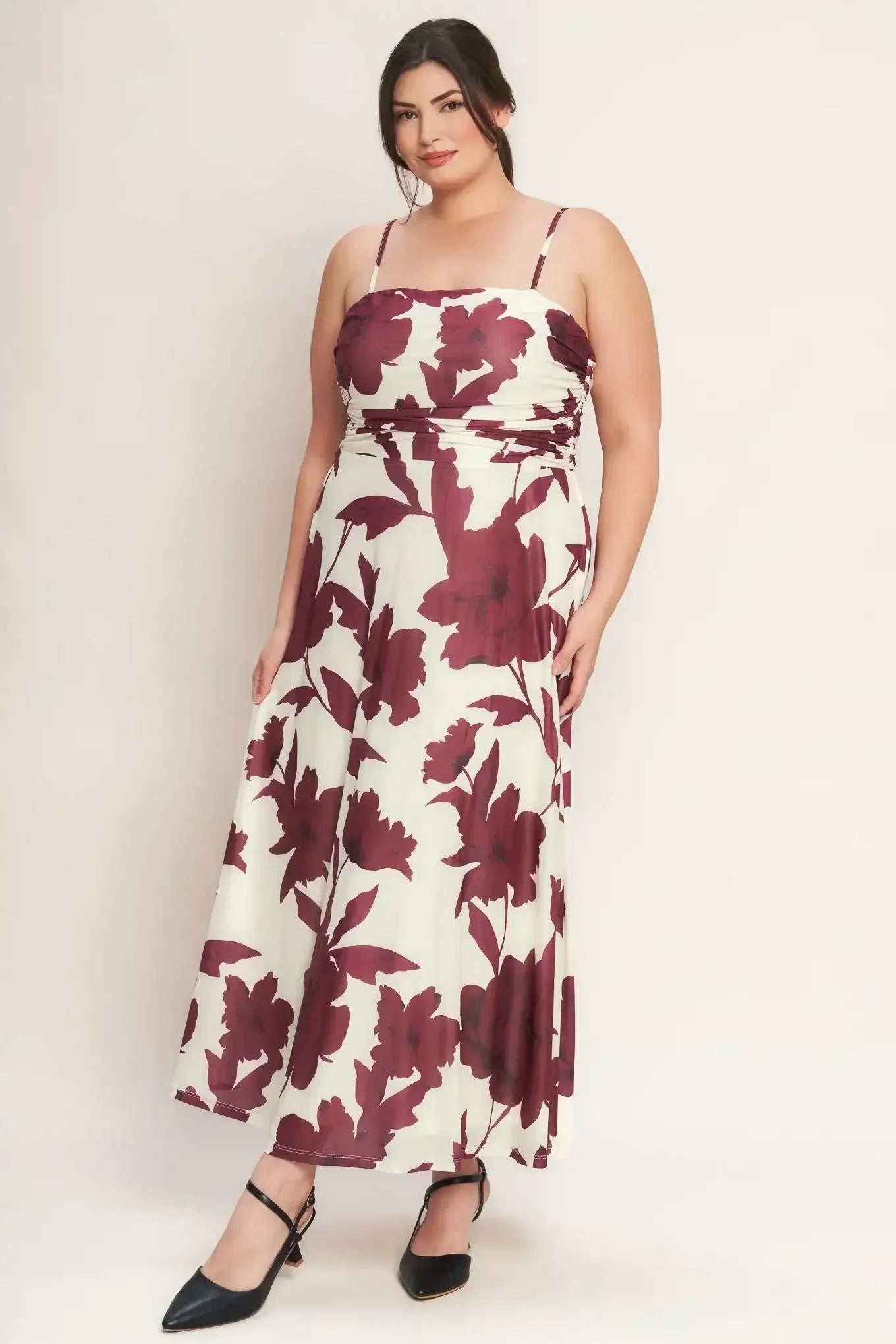 WINE BLOOM POWER MESH MIDI DRESS - BURGUNDY