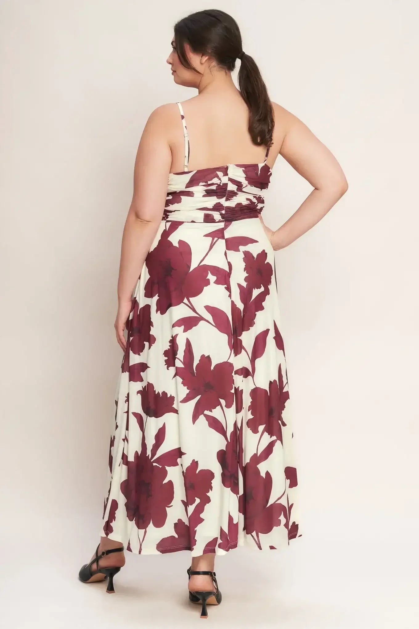 WINE BLOOM POWER MESH MIDI DRESS - BURGUNDY