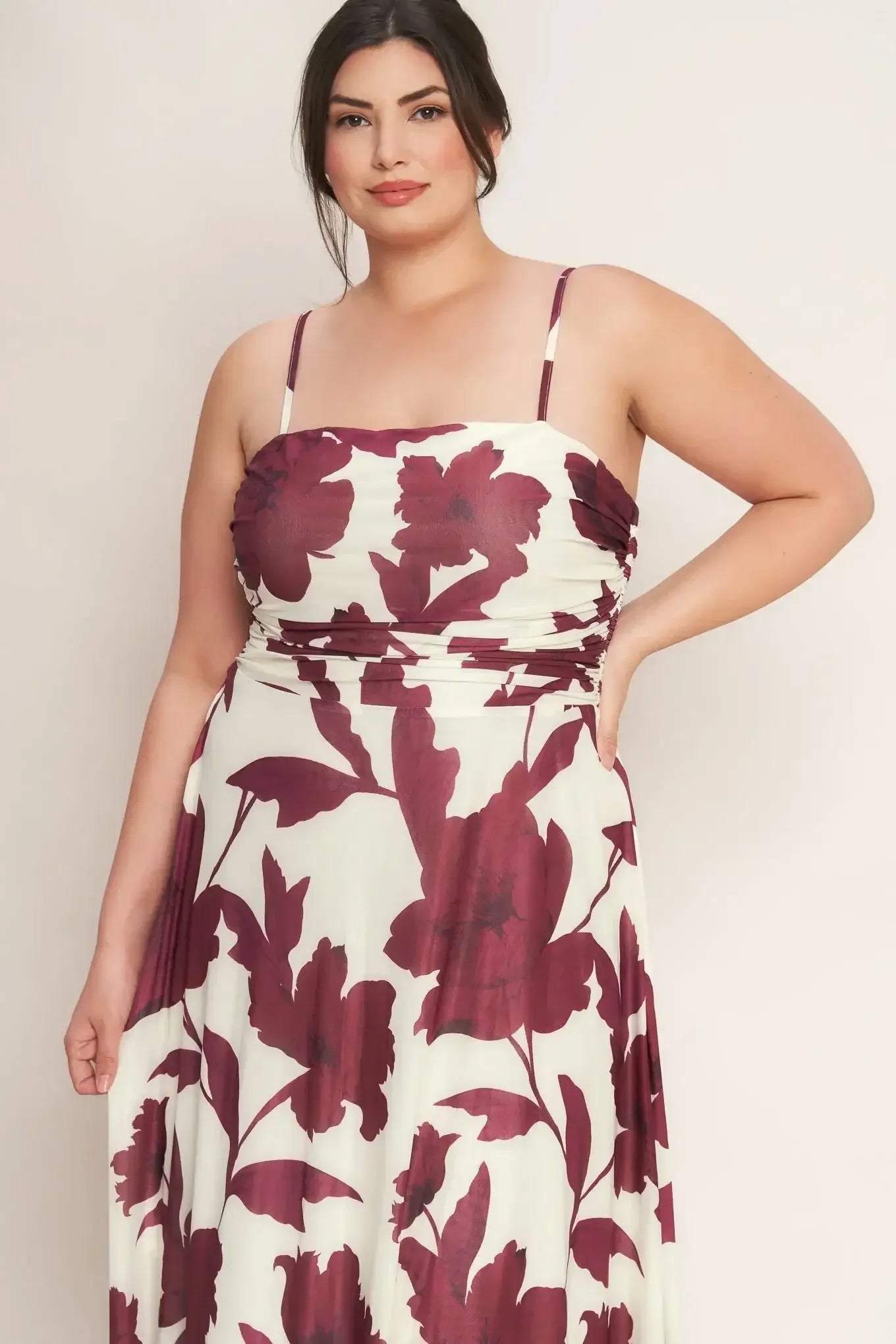 WINE BLOOM POWER MESH MIDI DRESS - BURGUNDY