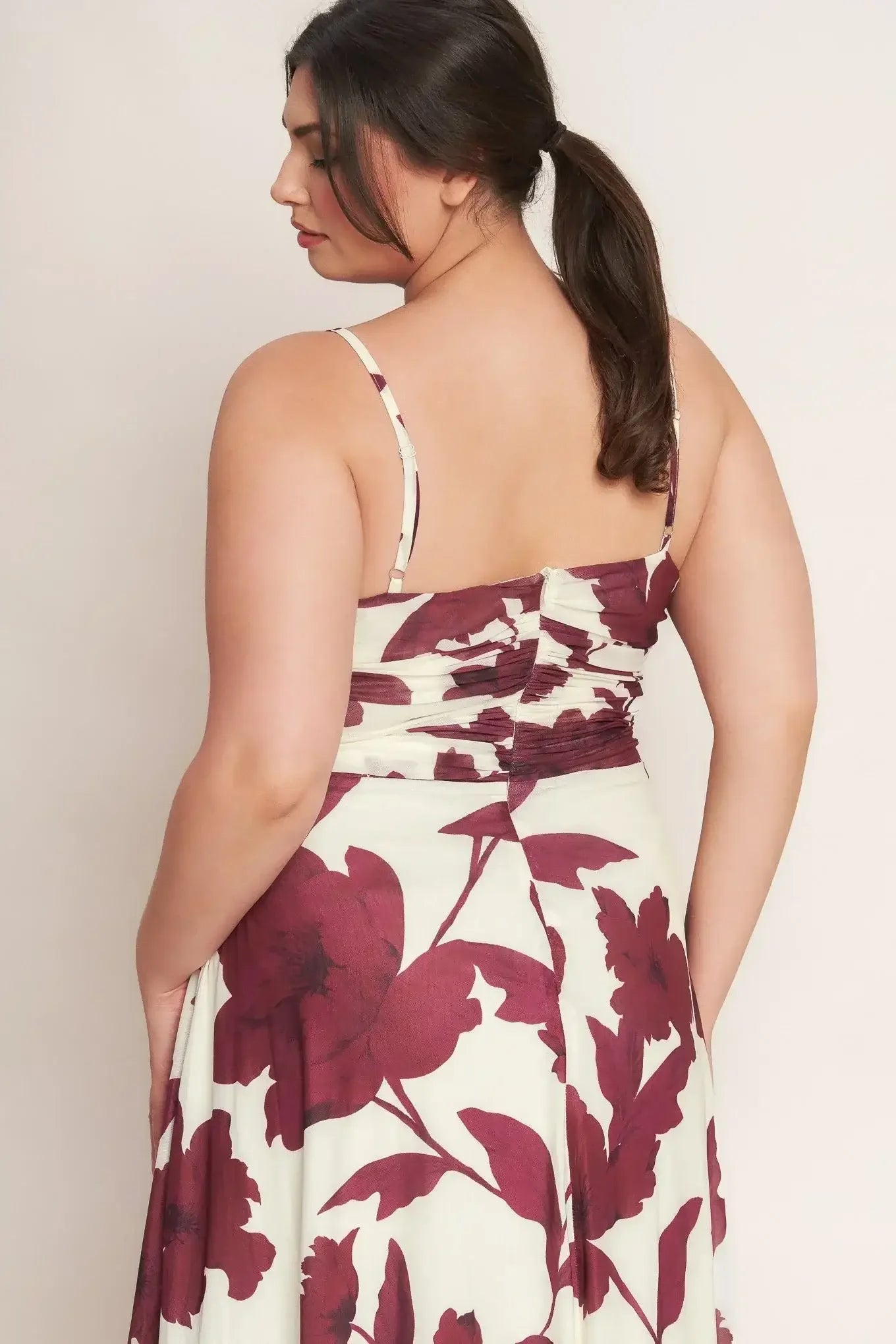 WINE BLOOM POWER MESH MIDI DRESS - BURGUNDY