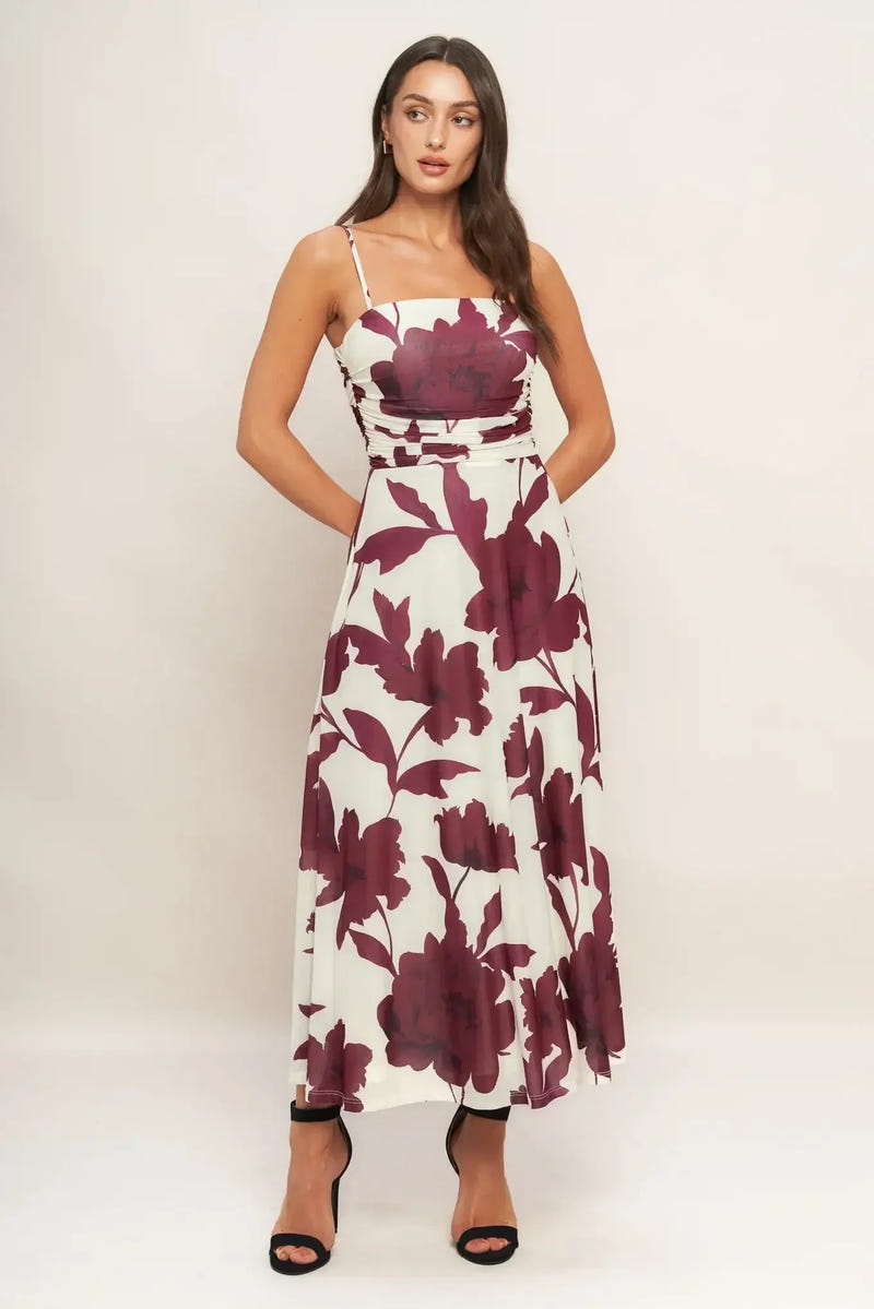 WINE BLOOM POWER MESH MIDI DRESS - BURGUNDY