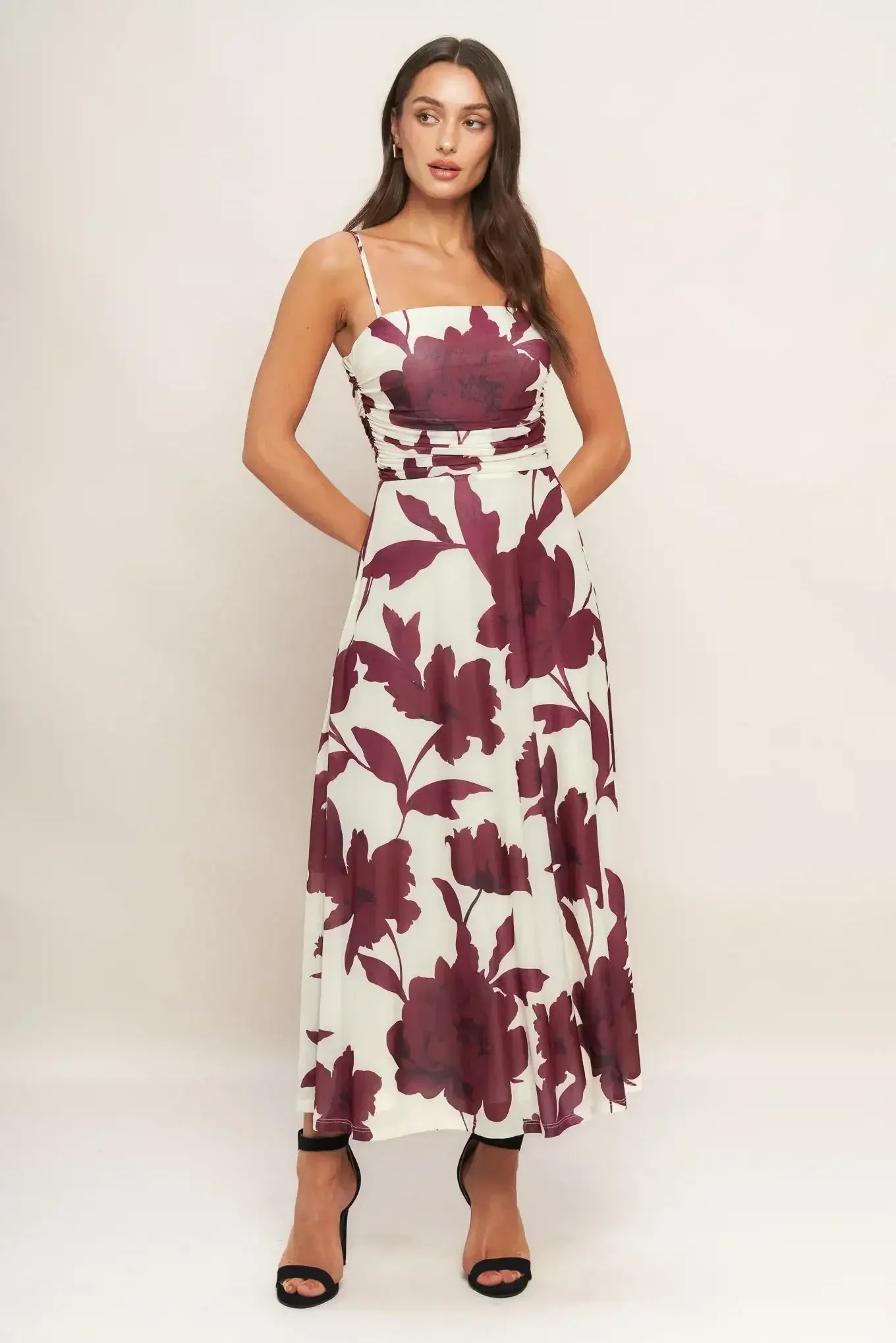 WINE BLOOM POWER MESH MIDI DRESS - BURGUNDY