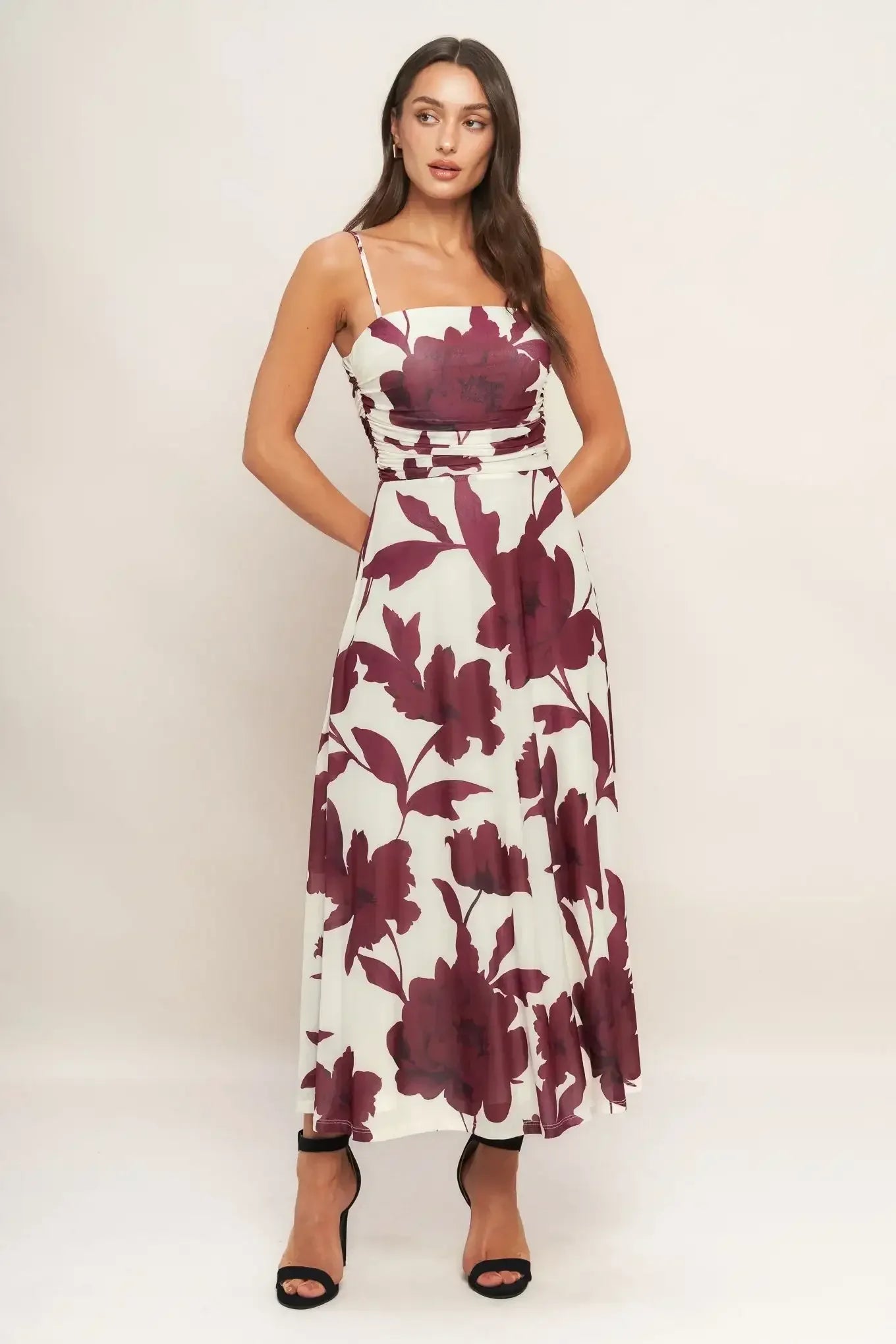 WINE BLOOM POWER MESH MIDI DRESS - BURGUNDY