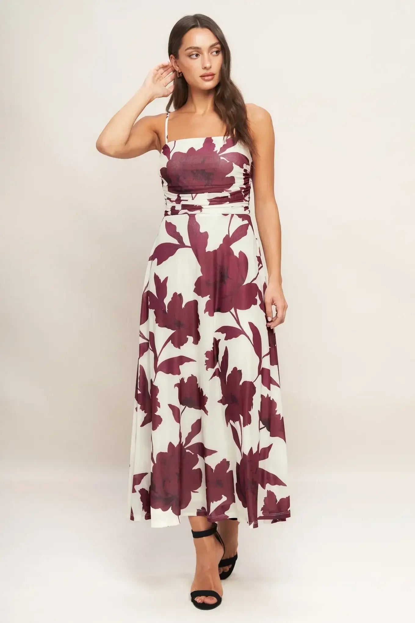 WINE BLOOM POWER MESH MIDI DRESS - BURGUNDY