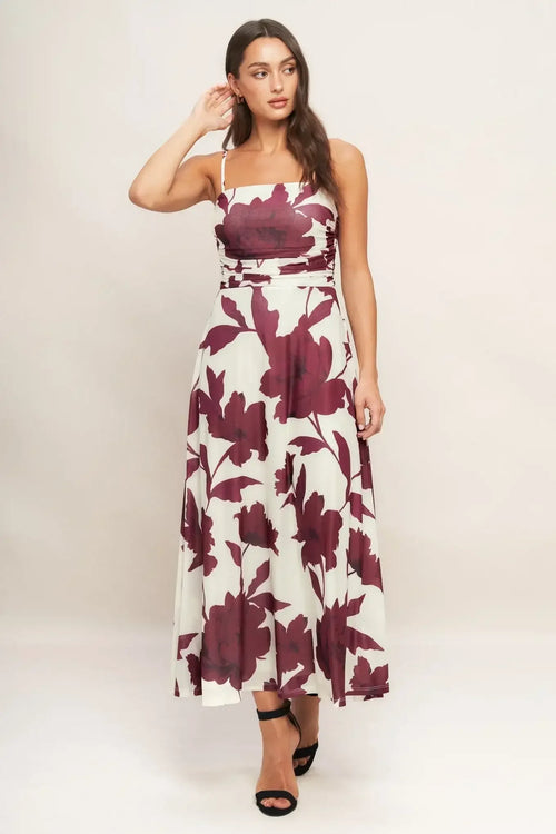 WINE BLOOM POWER MESH MIDI DRESS - BURGUNDY