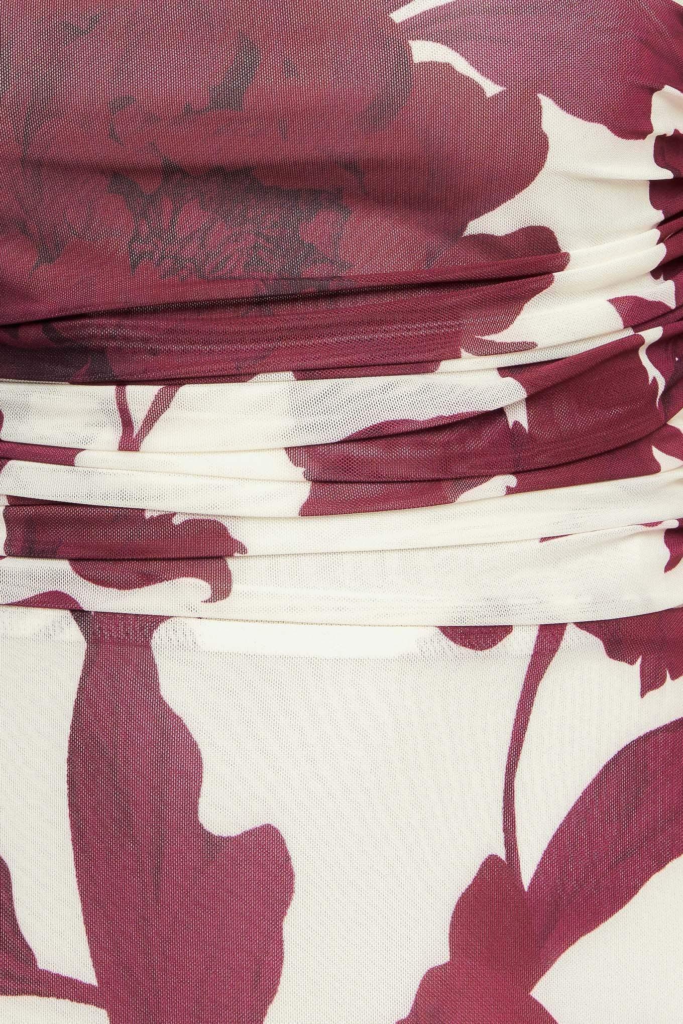 WINE BLOOM POWER MESH MIDI DRESS - BURGUNDY