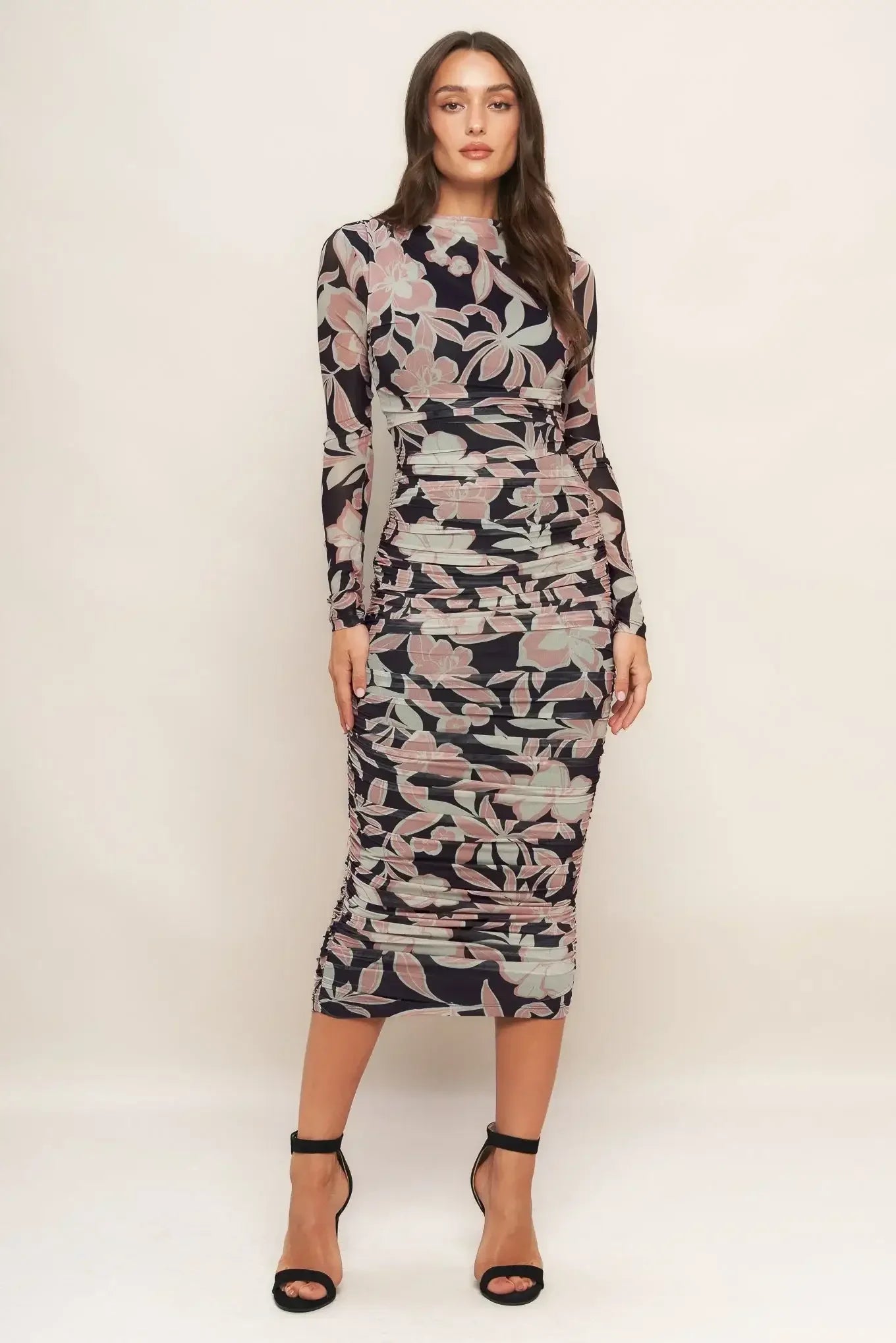 LONG SLEEVE BLACK FLORAL POWER MESH MIDI DRESS