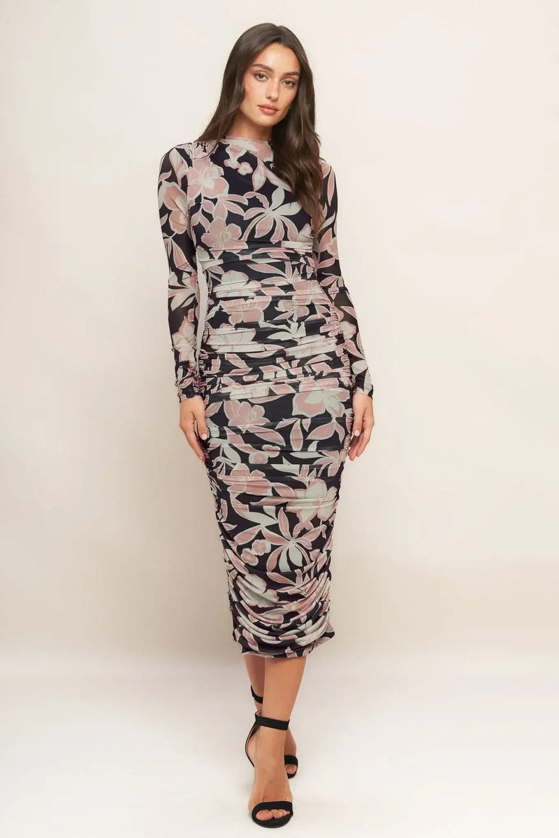 LONG SLEEVE BLACK FLORAL POWER MESH MIDI DRESS
