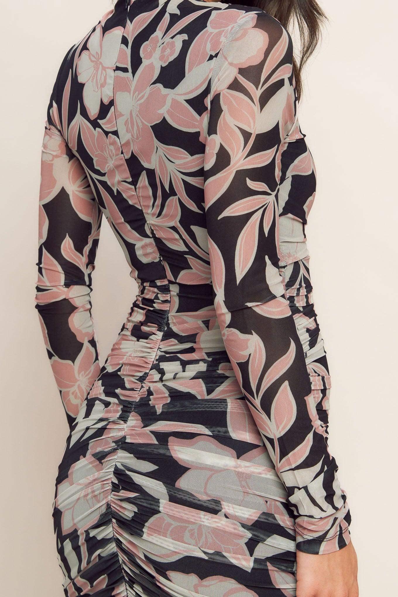 LONG SLEEVE BLACK FLORAL POWER MESH MIDI DRESS