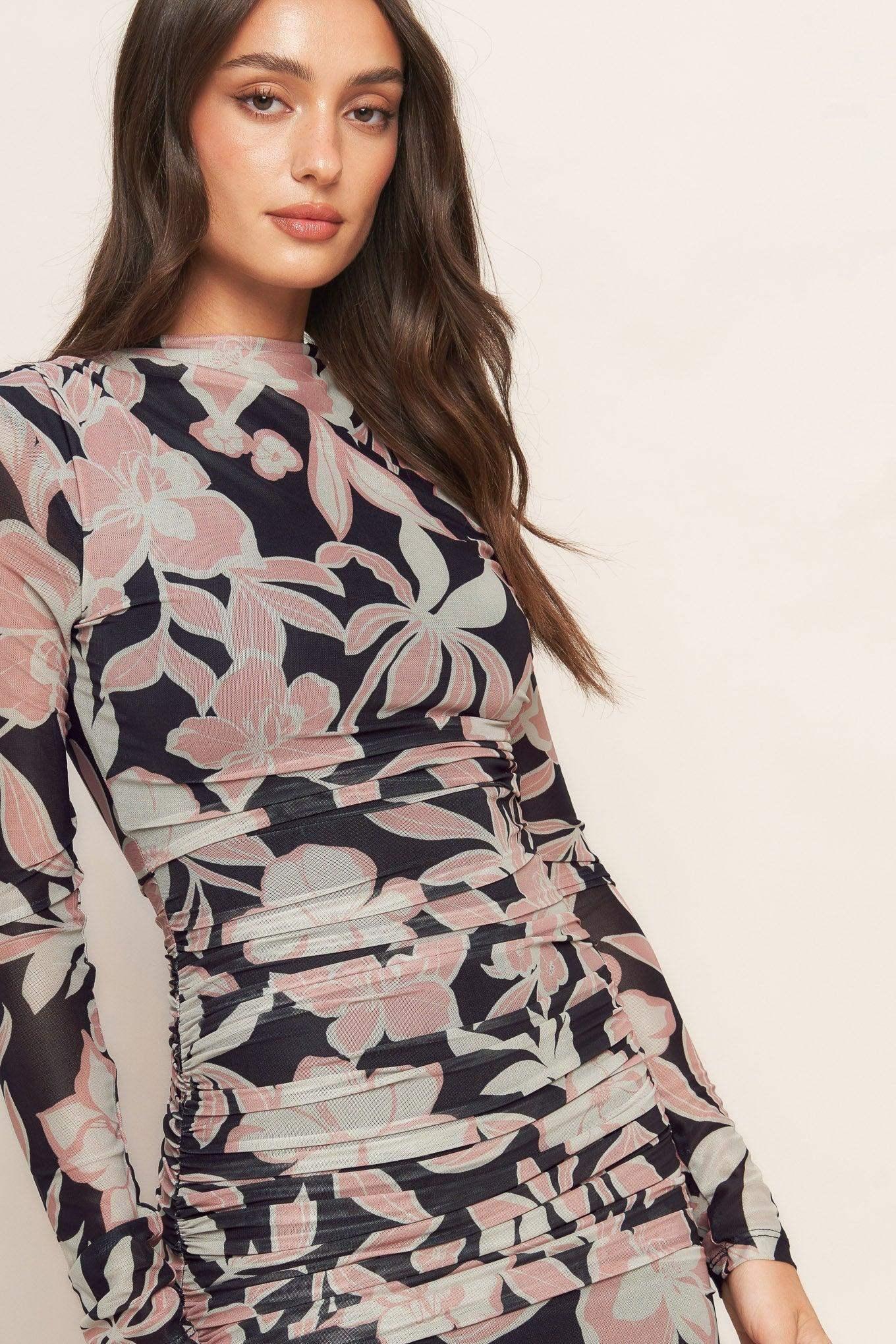 LONG SLEEVE BLACK FLORAL POWER MESH MIDI DRESS