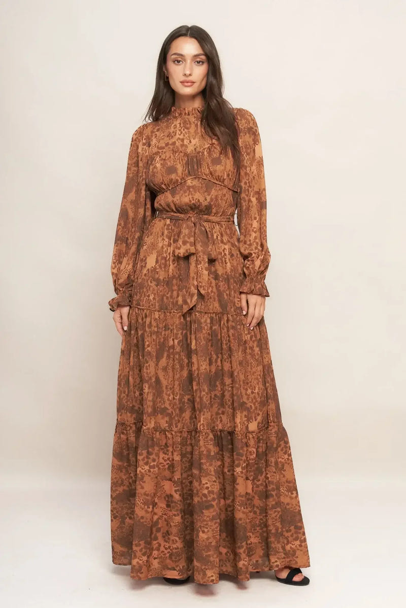 NOMAD'S WHISPER SIENNA BROWN LONG SLEEVE MAXI DRESS