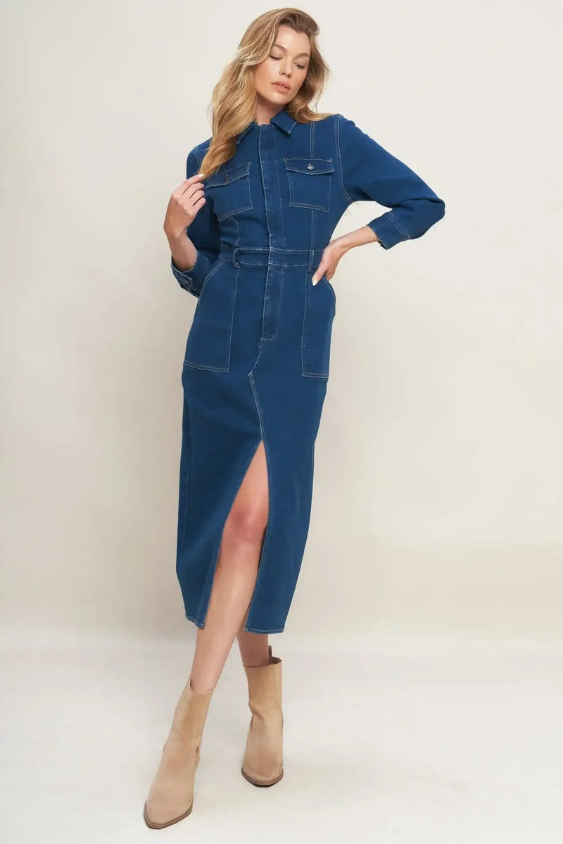 MIDNIGHT DARK INDIGO DENIM MIDI DRESS
