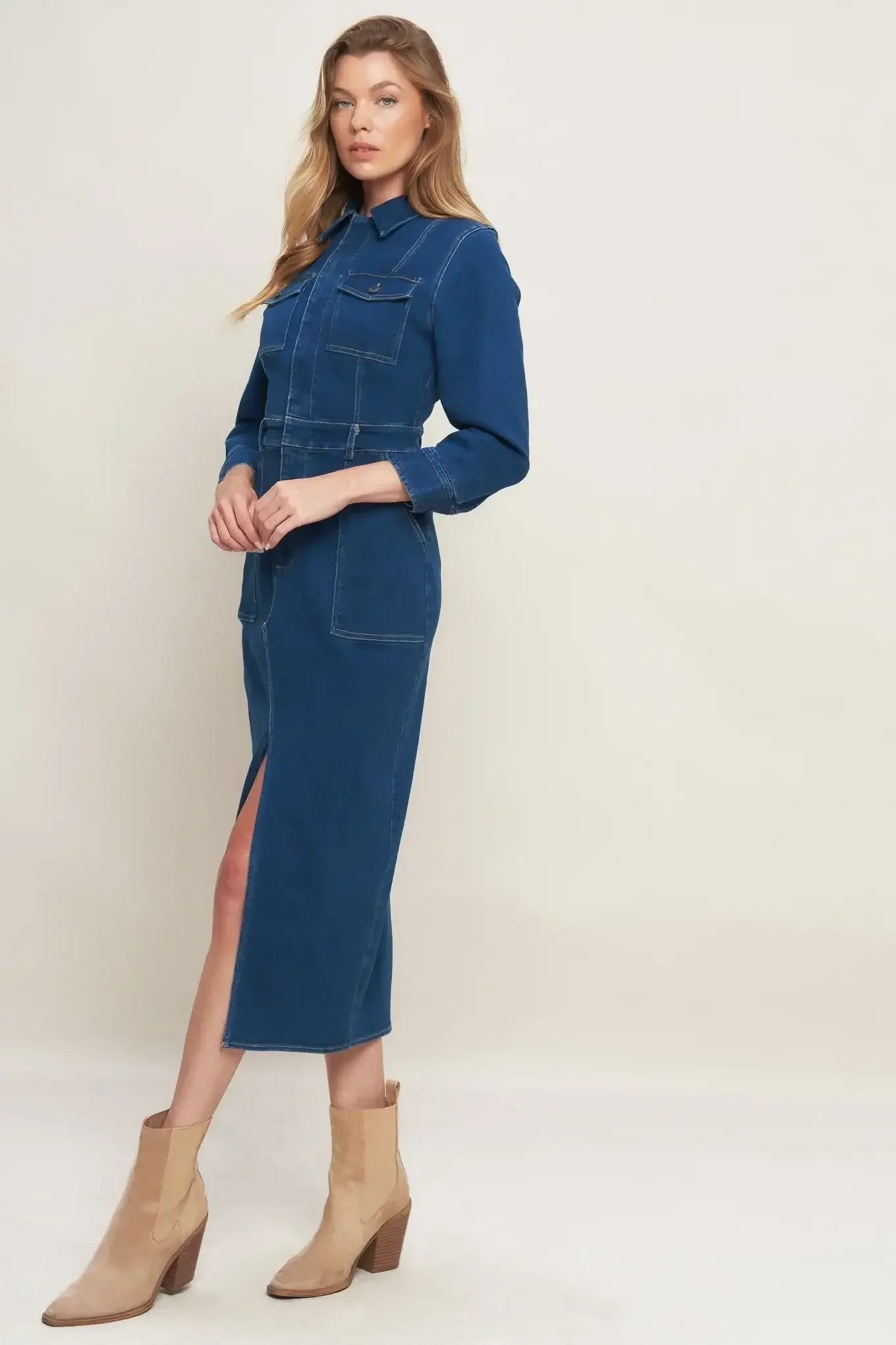 MIDNIGHT DARK INDIGO DENIM MIDI DRESS