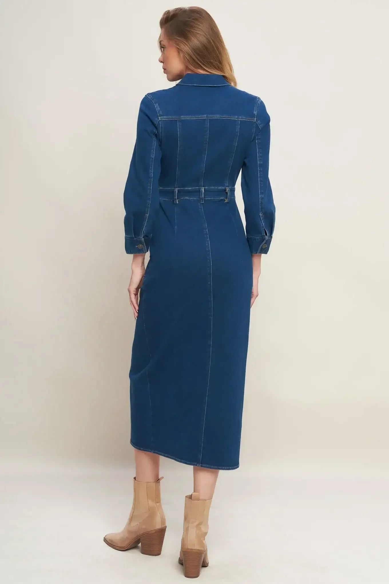 MIDNIGHT DARK INDIGO DENIM MIDI DRESS