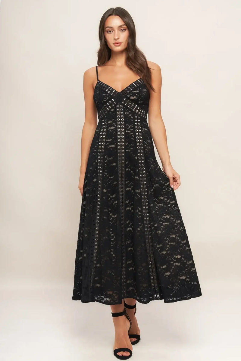 ROMANTIC NOIR NIGHTS BLACK LACE MIDI DRESS