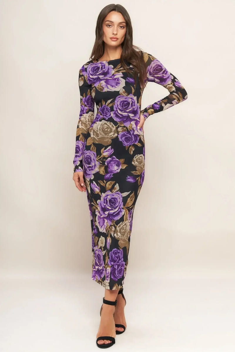 VIOLET EMBRACE LONG SLEEVE POWER MESH MIDI DRESS