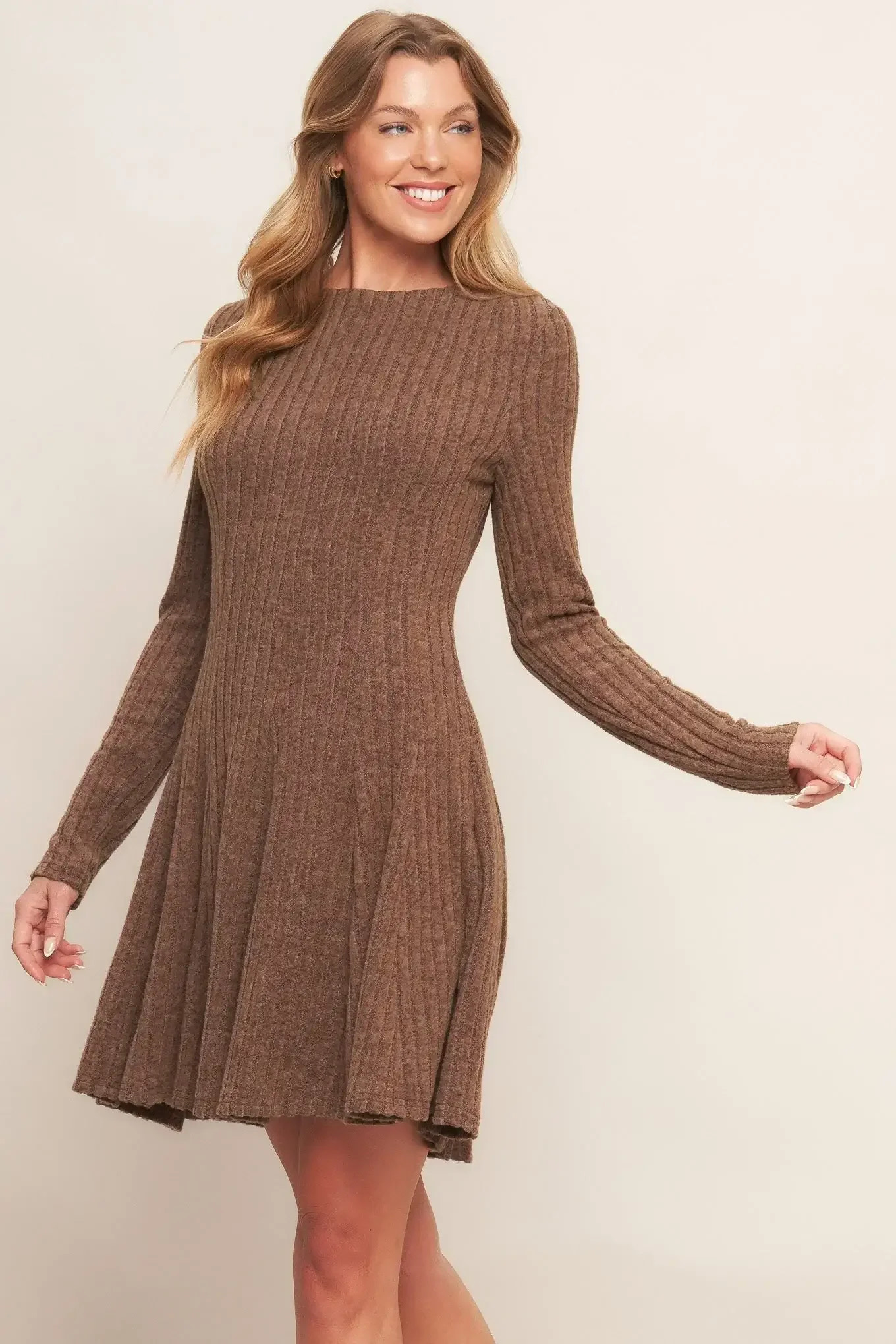 AUTUMN COFFEE DATE - BROWN KNIT MINI DRESS