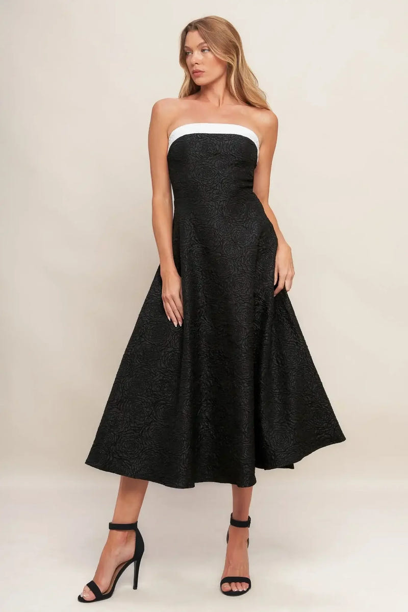 MIDNIGHT GRACE TEXTURED FLORAL BLACK MIDI DRESS