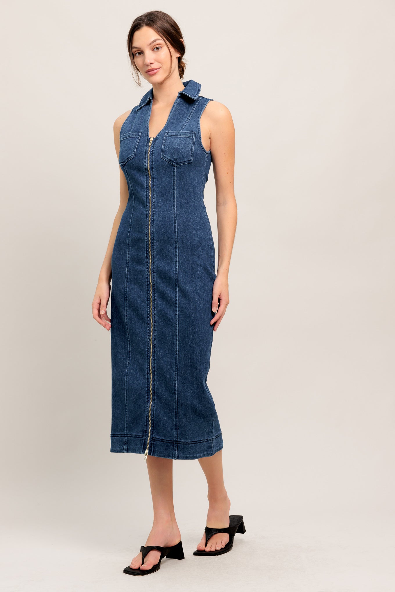edge denim dress ON THE EDGE DISTRESSED DENIM MAXI DRESS
