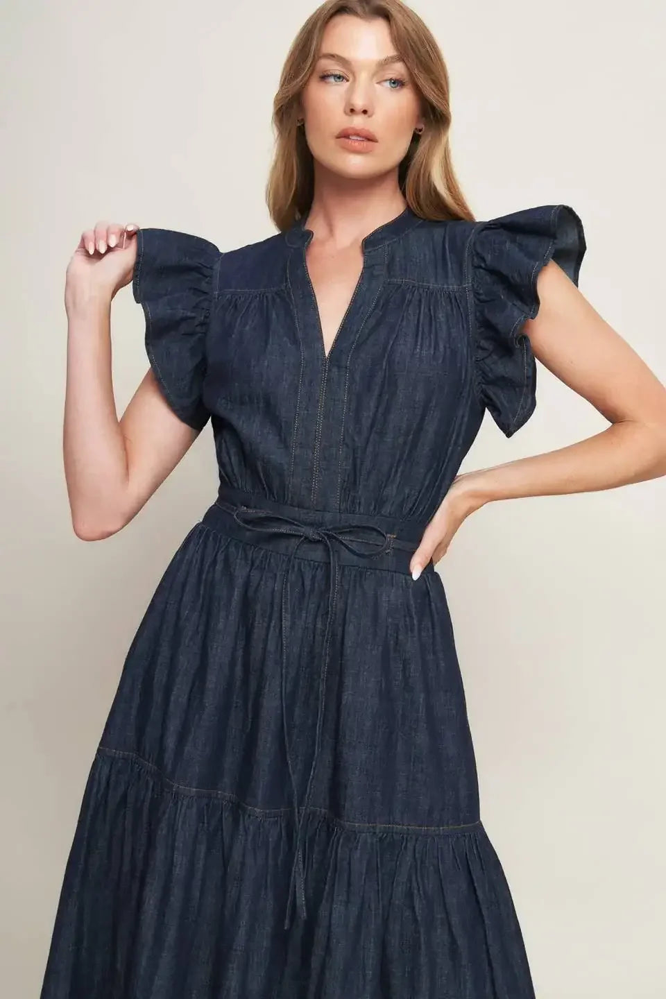 POWER DENIM GODDESS DARK INDIGO MIDI DRESS
