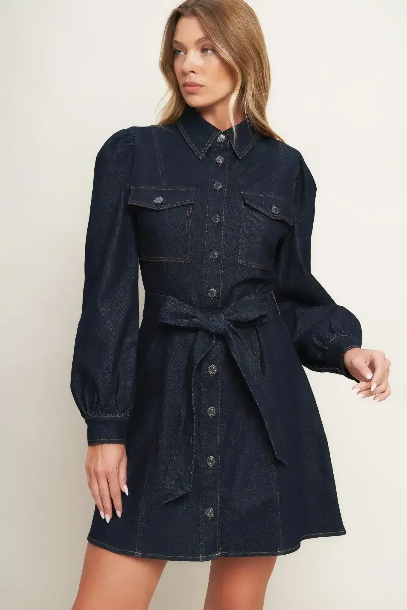 AUTUMN DAYS DARK INDIGO DENIM MINI DRESS - FINAL SALE