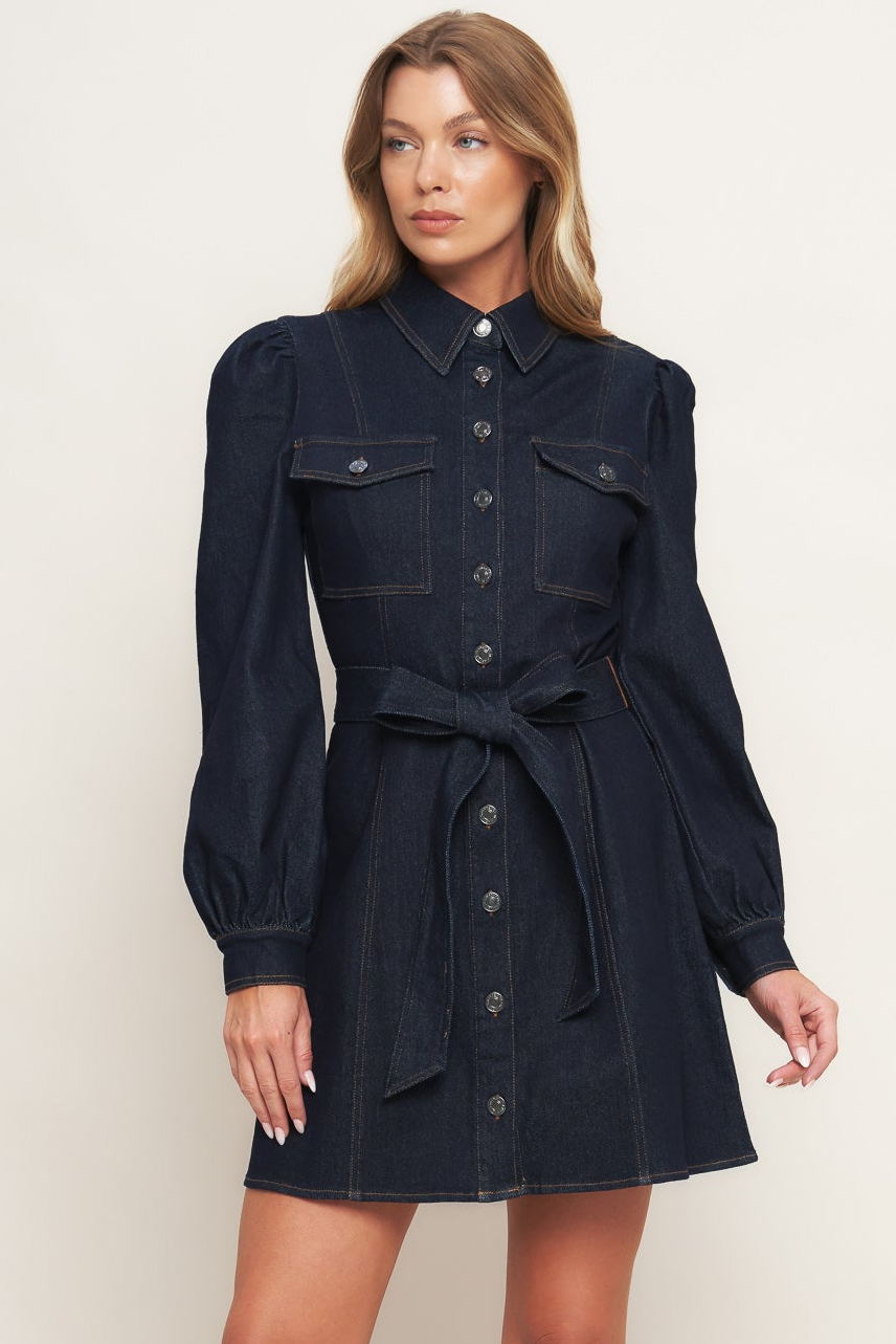 AUTUMN DAYS - LONG SLEEVE DARK DENIM MINI DRESS