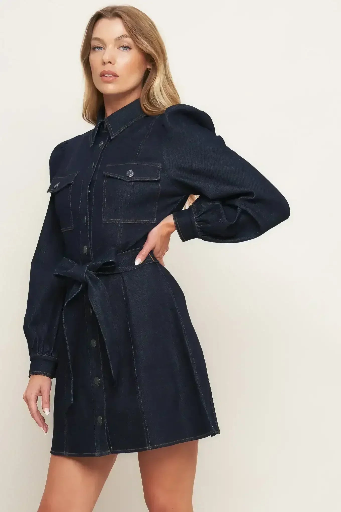 AUTUMN DAYS DARK INDIGO DENIM MINI DRESS - FINAL SALE