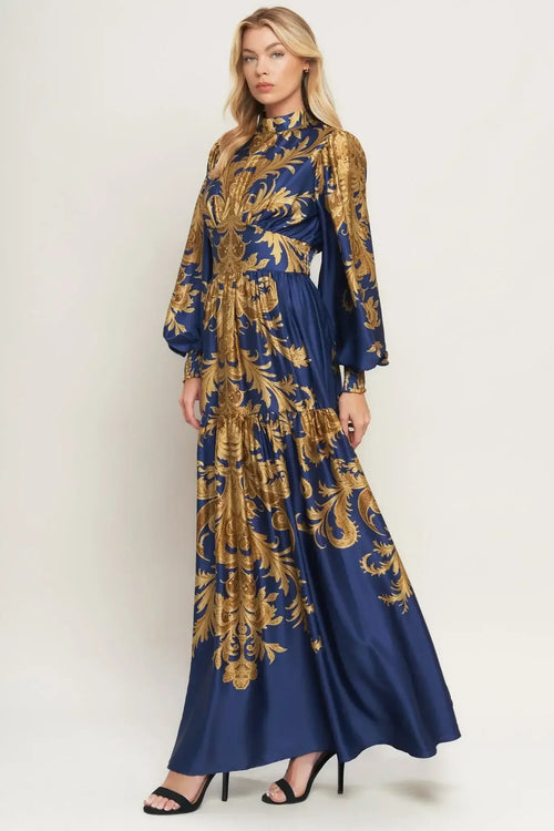 PALACE WALTZ LONG SLEEVE NAVY MAXI DRESS