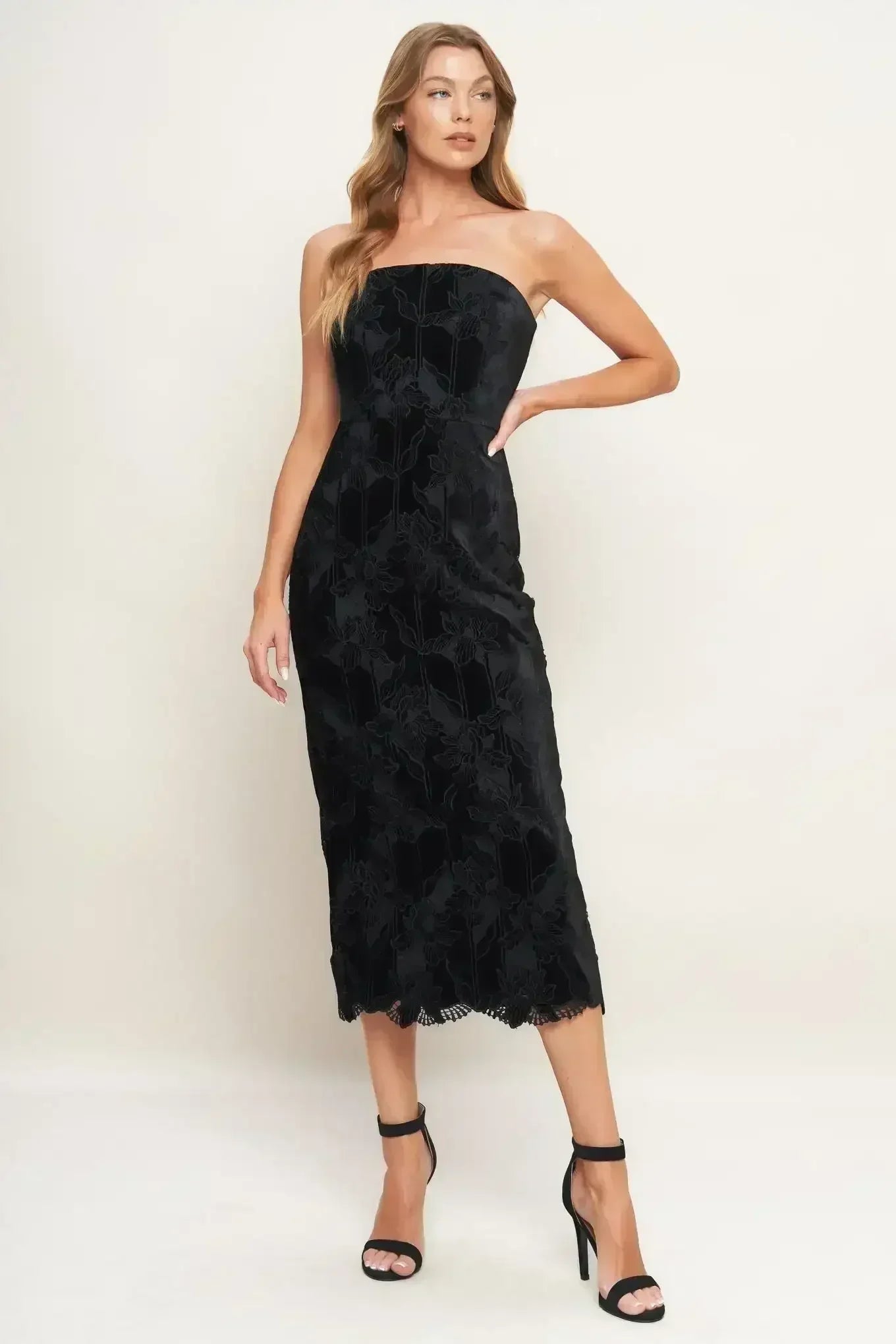 TEMPTATION BLACK VELVET LACE MIDI DRESS