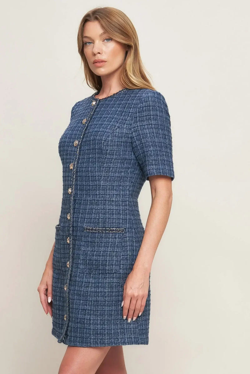 MODERN ICONIC BLUE TWEED MINI DRESS