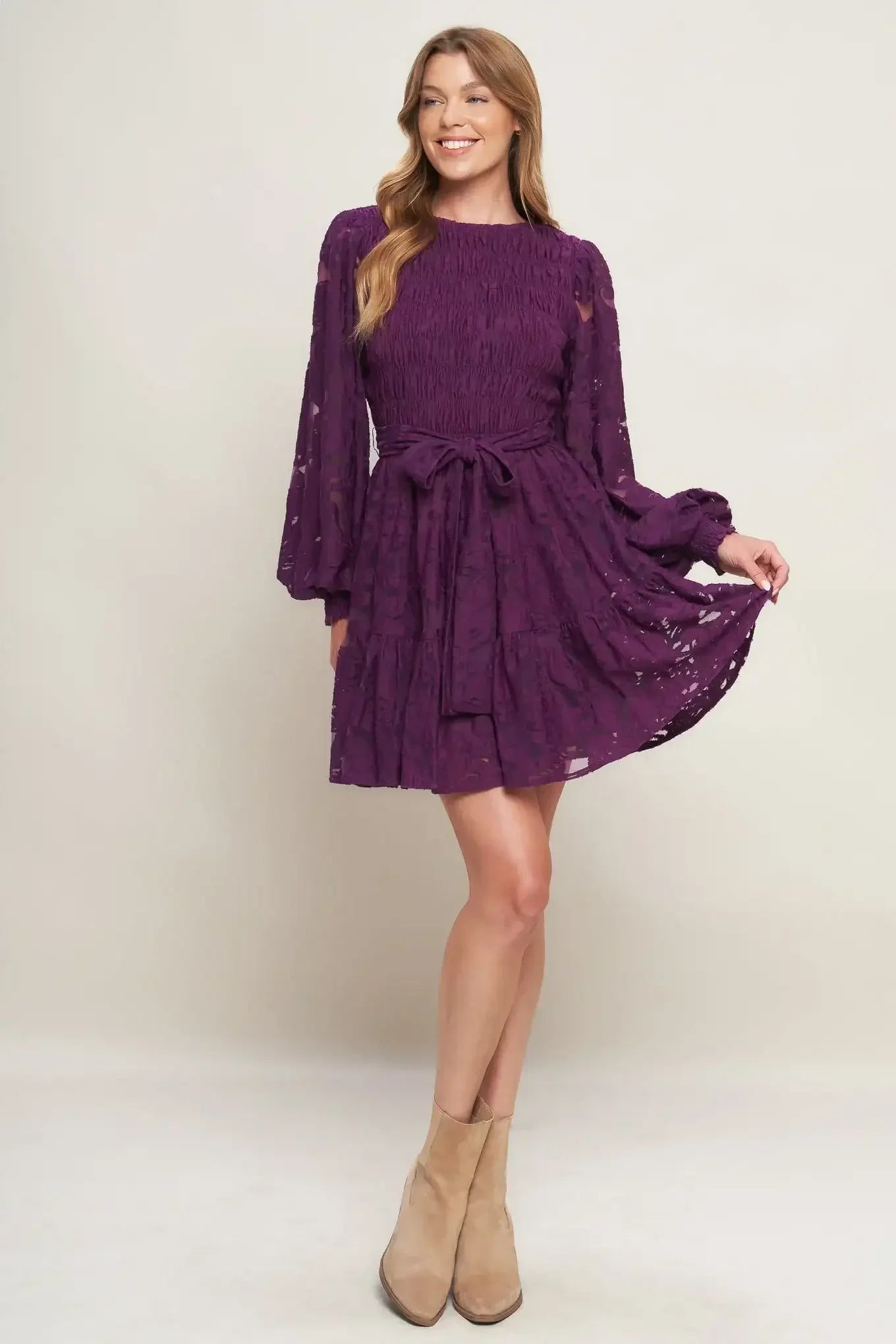 Purple lace dress with sheer sleeves