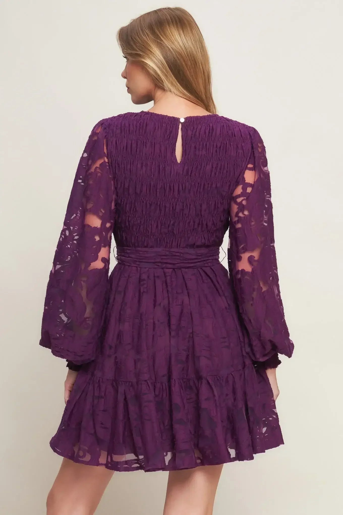 Purple lace dress with sheer sleeves