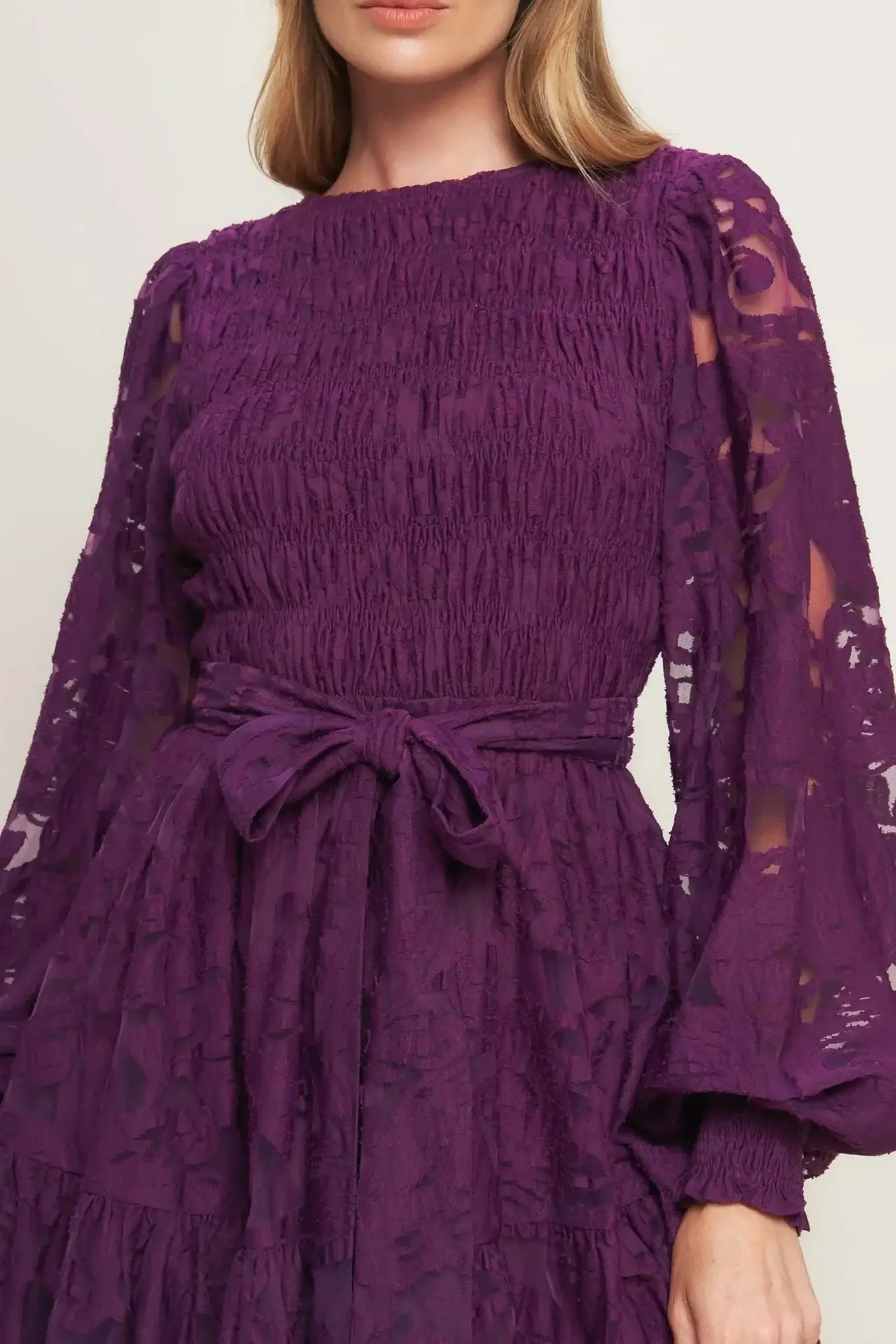 Purple lace dress with sheer sleeves