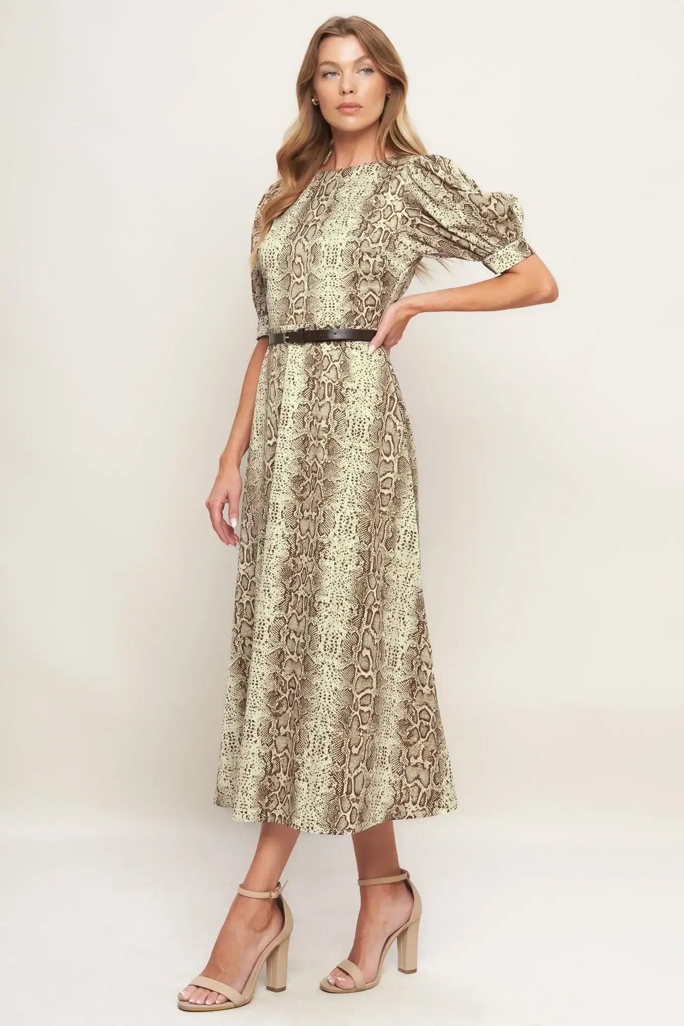 SNAKE PRINT BROWN MIDI DRESS
