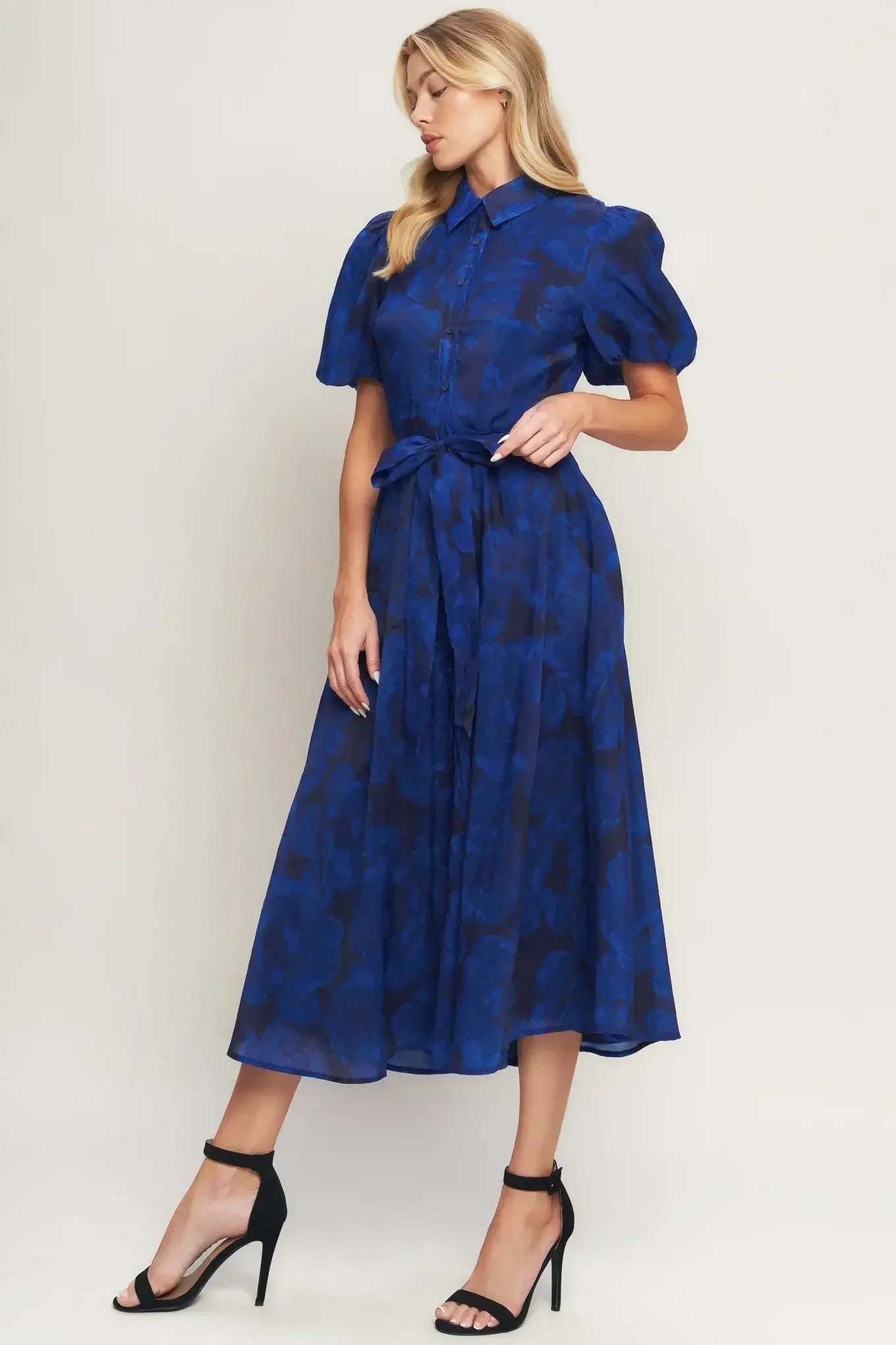TWILIGHT MUSE NAVY FLOWER PRINT MIDI DRESS