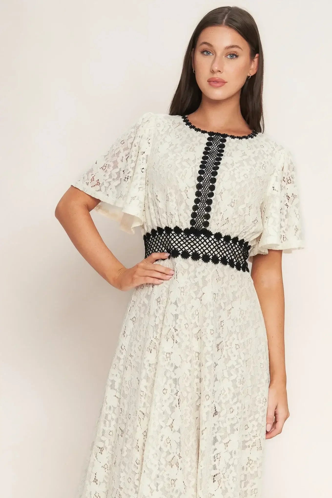 CONTRAST BLACK & IVORY LACE MIDI DRESS