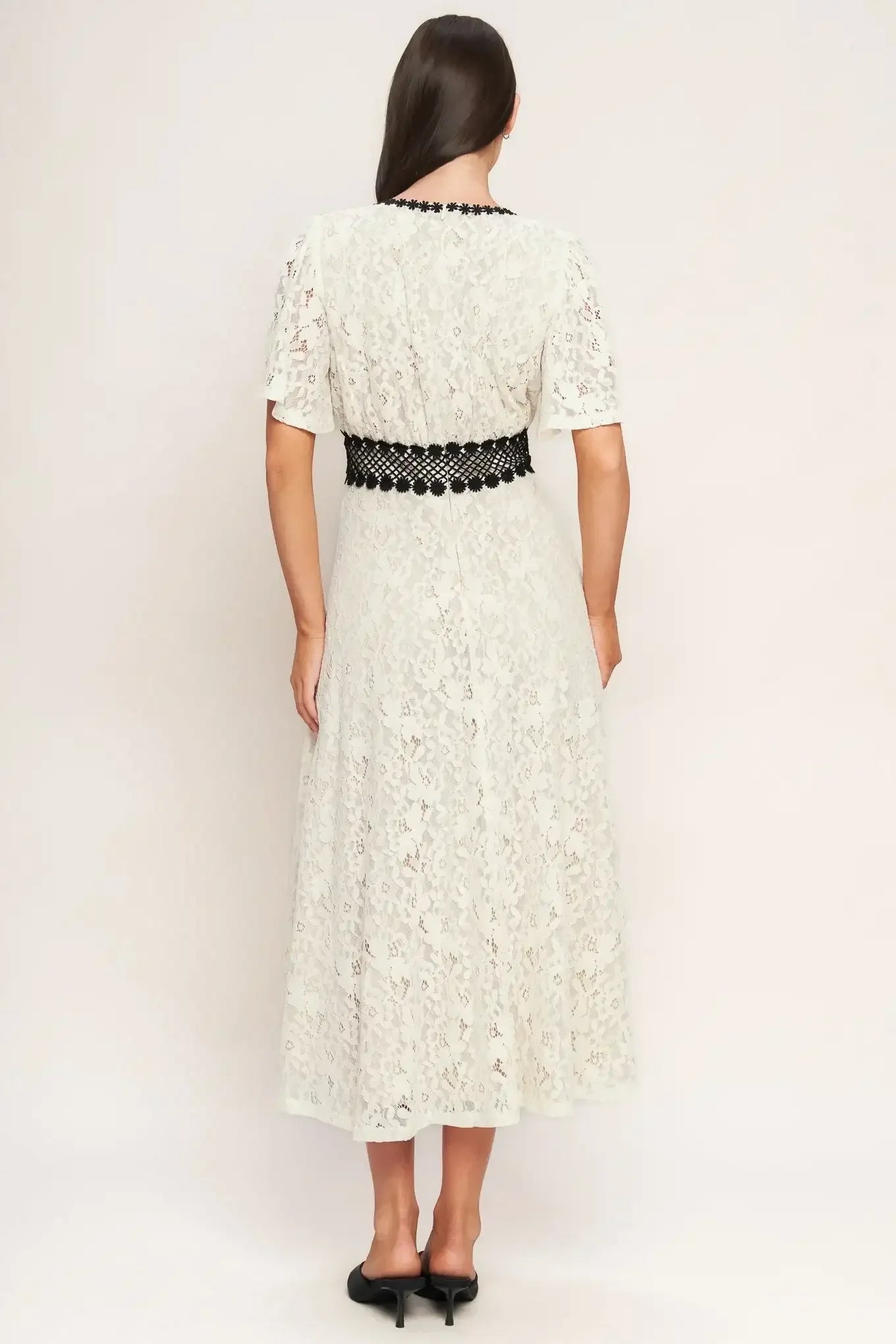 CONTRAST BLACK & IVORY LACE MIDI DRESS