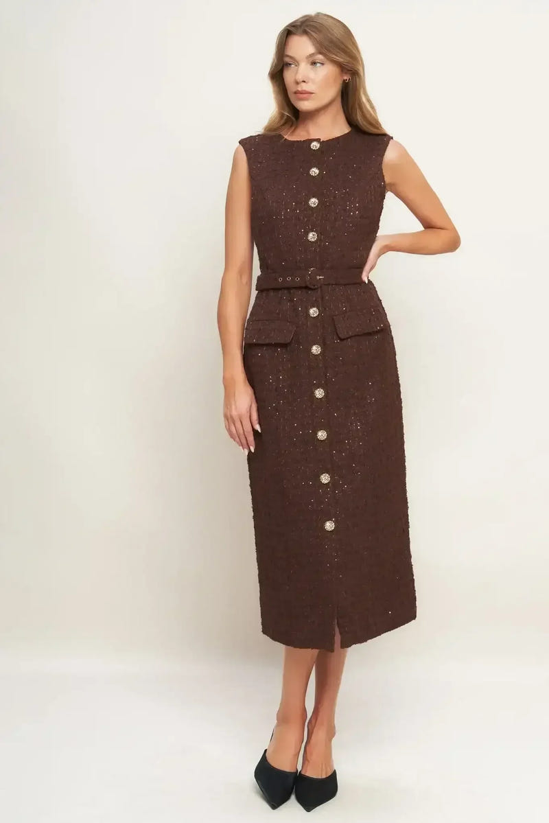 LOVELY HERITAGE BROWN TWEED MIDI DRESS