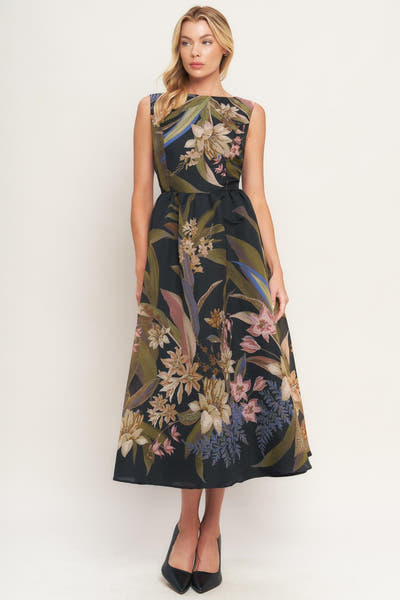 FOLIAGE WHISPER - BLACK MIDI DRESS
