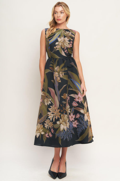 FOLIAGE WHISPER - BLACK MIDI DRESS