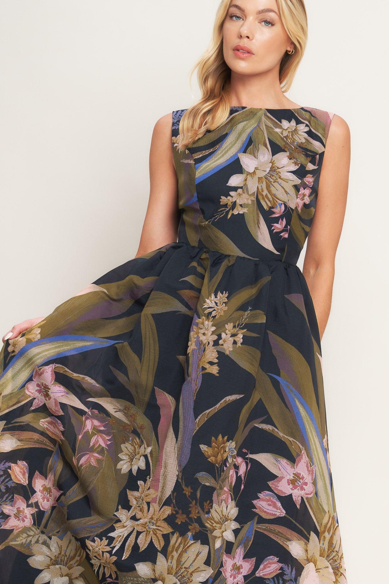 FOLIAGE WHISPER - BLACK MIDI DRESS