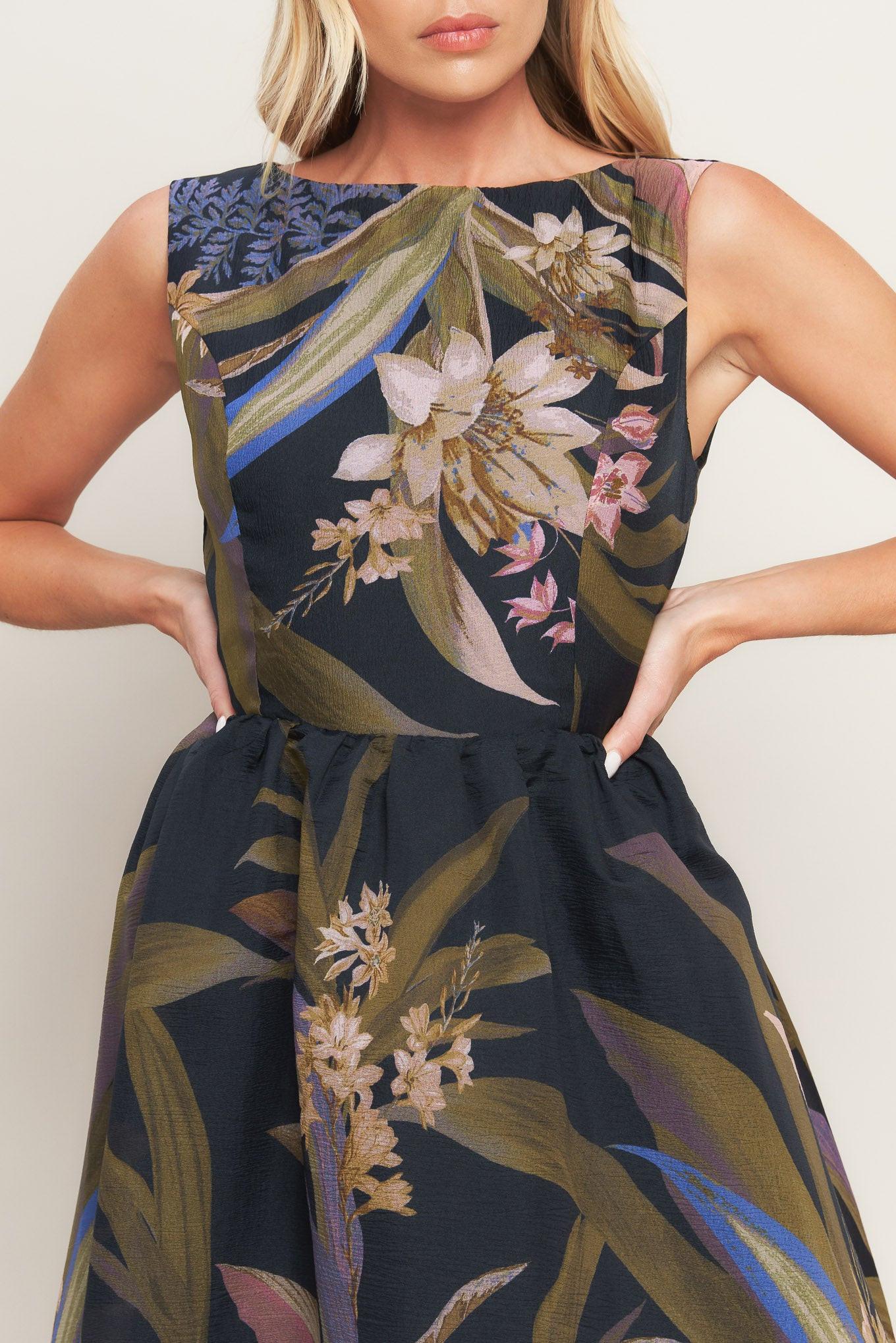 FOLIAGE WHISPER - BLACK MIDI DRESS