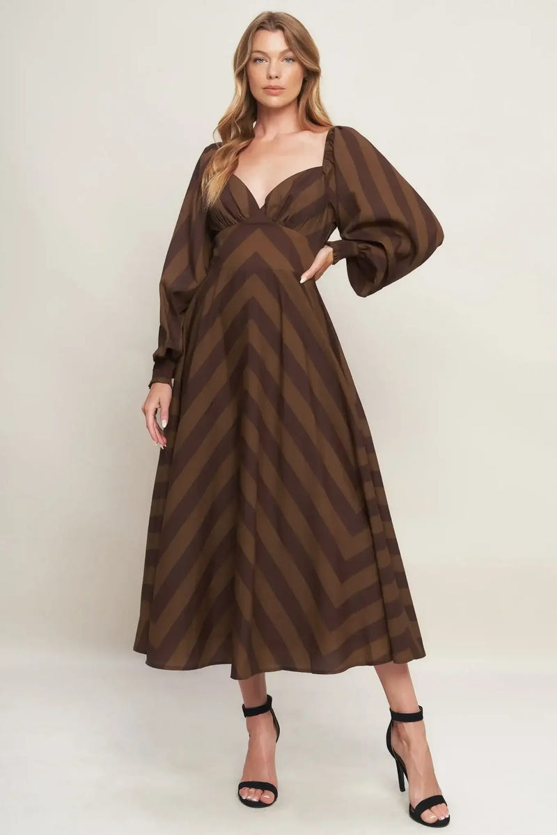GODDESS BROWN STRIPE LONG SLEEVE MIDI DRESS