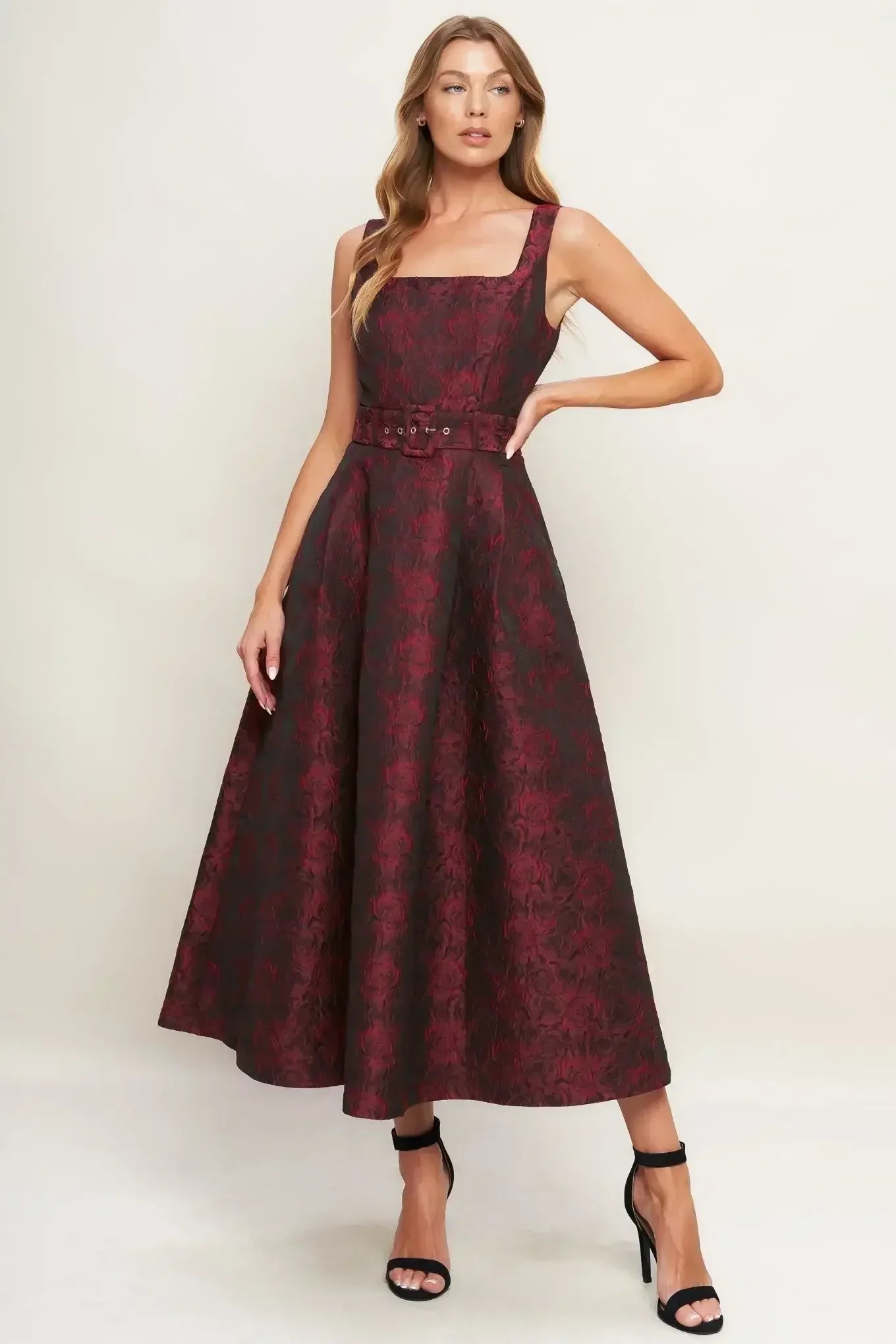 IMPERIAL ALLURE BLACK & RED JACQUARD MIDI DRESS - FINAL SALE
